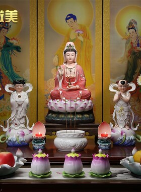 德化陶瓷家用坐莲观音佛像 12至24吋彩绘纯手工观音摆件