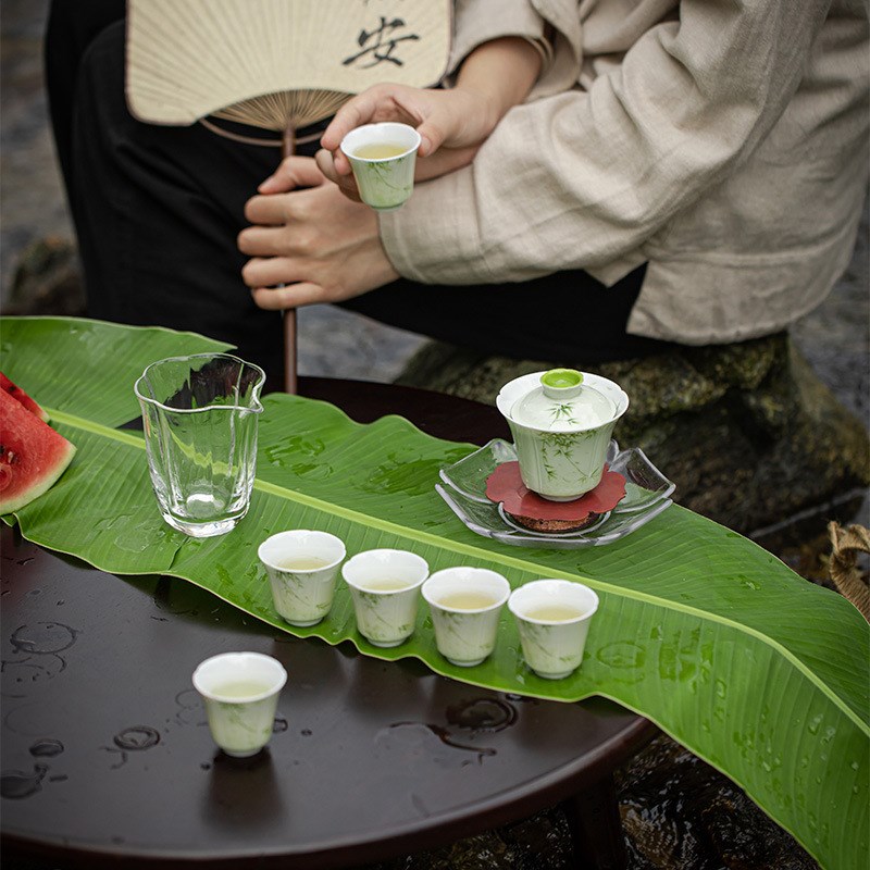 清欢丨小苍翠手绘竹子茶具套组 整套手工陶瓷盖碗茶杯礼盒装
