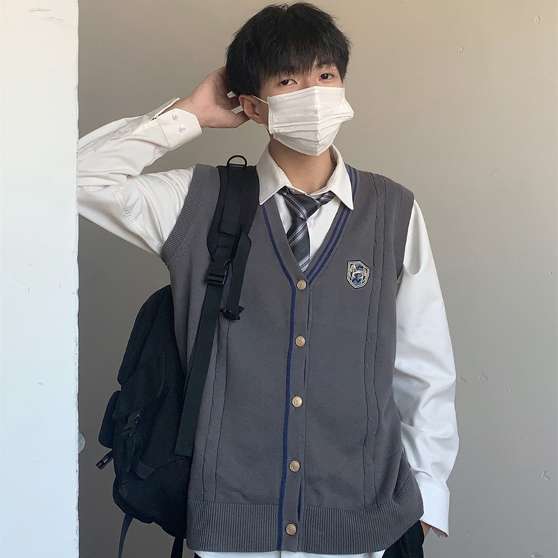 喵丸子jk制服dk毛衣马甲背心开衫学院风针织深灰色宽松外套校供男