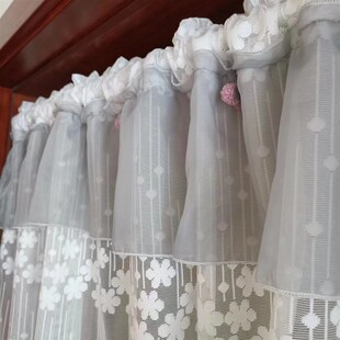 蕾丝小窗帘厨房半帘魔术贴免打孔橱柜帘门帘飘窗帘纱穿杆帘头
