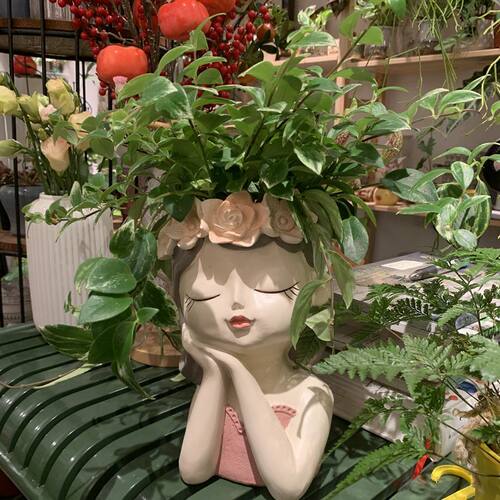 沉思少女花盆创意多肉仙女花盆北欧个性干花女孩人像大口径花盆