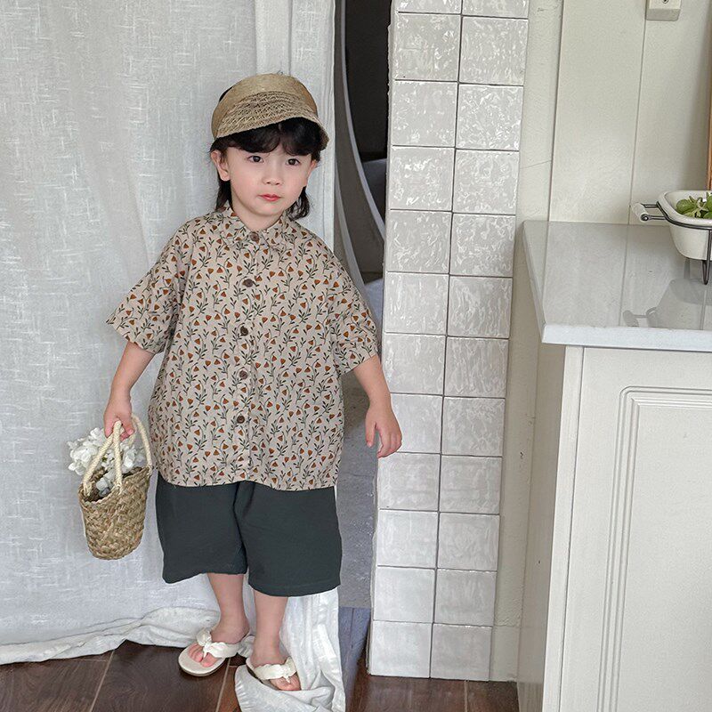 暮晨家新款夏装2025男童碎花短袖衬衫宝宝森系复古国风衬衣开衫薄