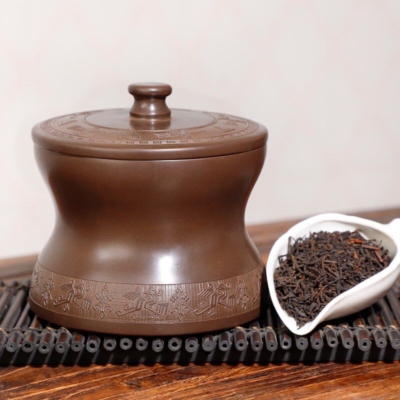 广西钦州坭兴陶茶叶罐六堡茶装1斤 腰型铜鼓紫陶醒茶罐防潮密封罐