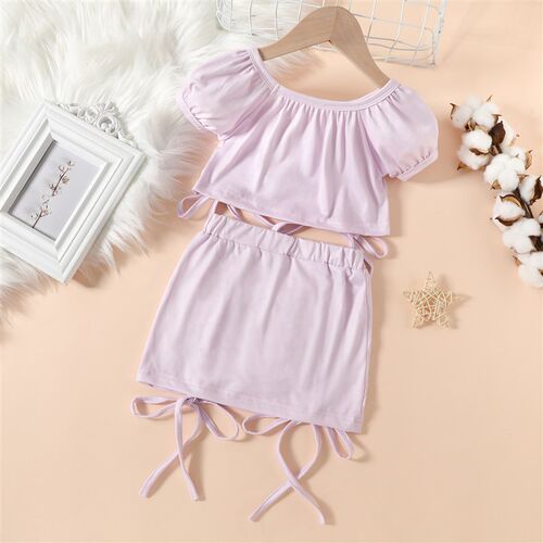 Little Baby Girl Two-Piece Outfits Solid Tie-Up Straps Pleat