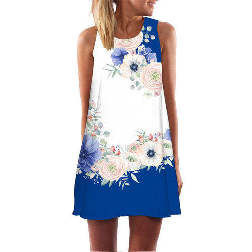 Woman Summer Dress Loose Sleeveless Flowers Printed Mini