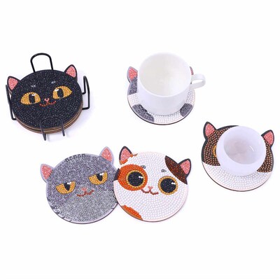 8pcs/Set DIY Diamond Painting Coasters Cat Wood Tablemat for