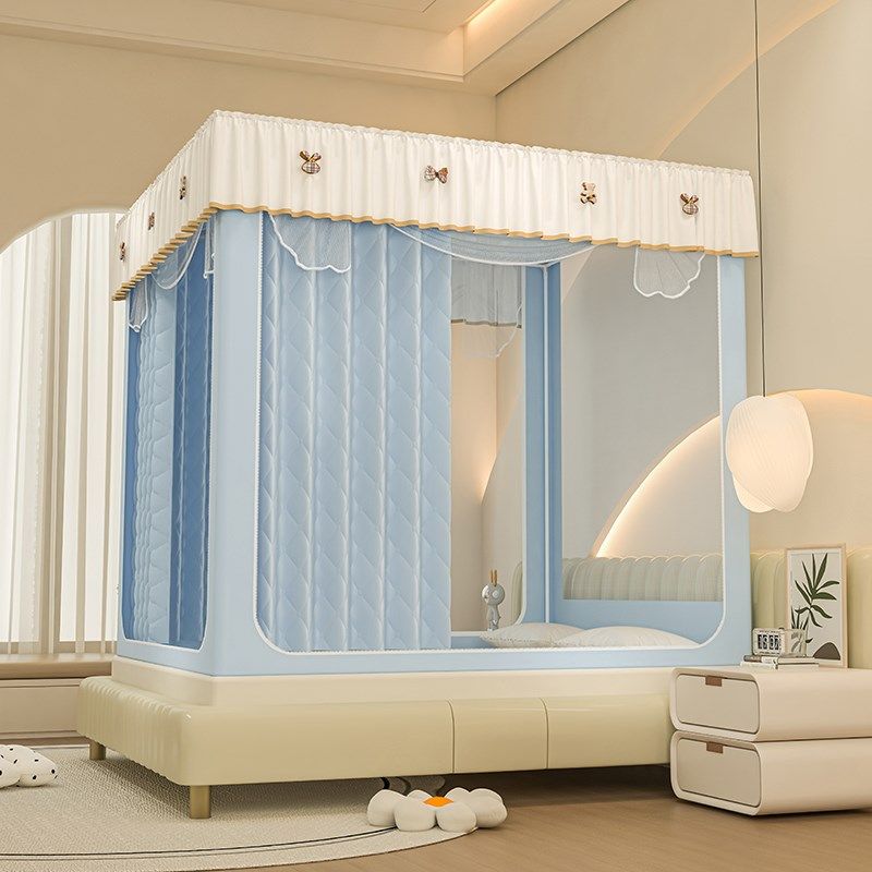 遮光布床帘一体式蚊帐家用卧室冬季加厚保暖挡风夹棉床幔全包回底