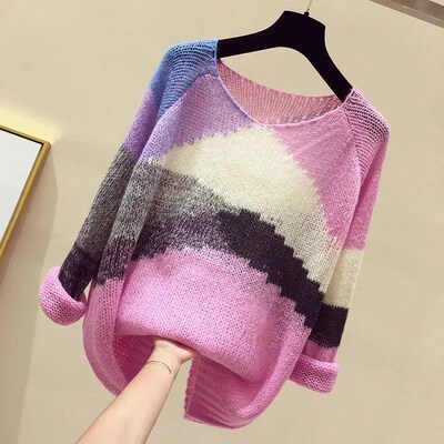 Striped Color-block Knitted Sweater Women Fashion Thin Secti