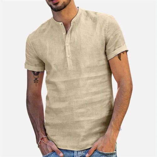 2023 New Mens Standing Collar Cotton Linen Short Sleeved Sh
