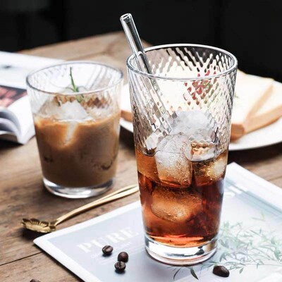 Honeycomb patterned ice latte coffee cup, vintage glass cup