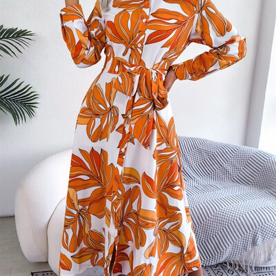 Women Casual Floral Print Long Sleeve Maxi Shirt Dress