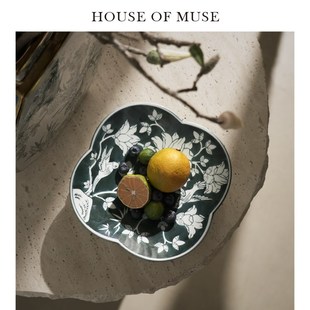 缪斯家 东方花鸟喜上眉梢手绘陶瓷果盘客厅家用托盘中式高脚盘