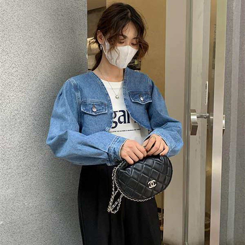 Short Denim Jaket Womens Spring Double Poket ollarless Long