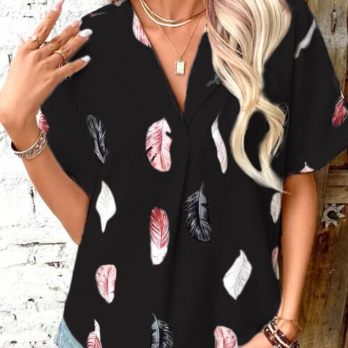 Summer New Womens Polo Neck Feather Print Short Sleeve Top