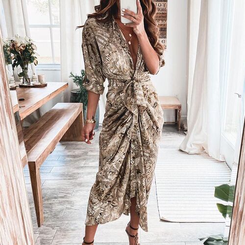 Summer Bandage Shirt Dress Women Fashion Button Ruched