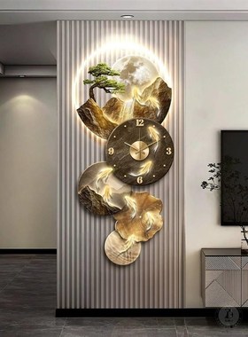 九鱼图带钟表挂钟玄关装饰画日照金山客厅背景墙挂画时钟流水生财