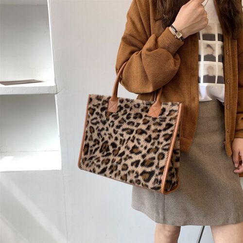 Top-Handle Bags Retro Cow Leopard Print PU Leather Plush Des