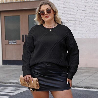 Womens Top Stock Large Size Womens Rhombic Jacquard Loose