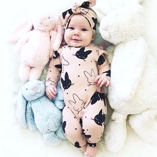 Fashion Pink rabbit print baby girl romper Toddler Long slee