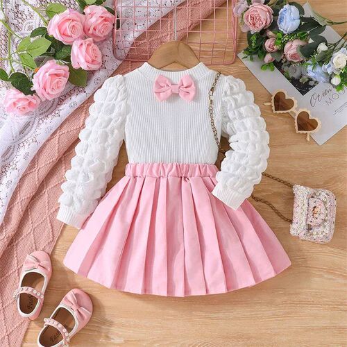 Toddler Girls 2Pcs Fall Outfits Long Puff Sleeve Bow Front o