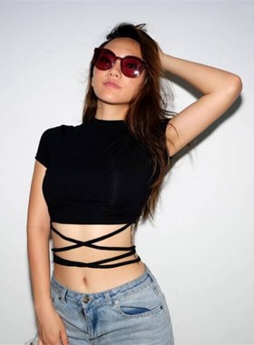 2023 Summer Women Black Short Casual Solid T-Shirts Sexy Cro
