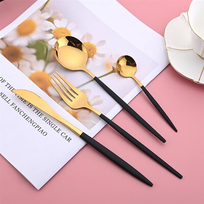 Dinnerware Black Gold Stainless Steel Cutlery Set Flatware D