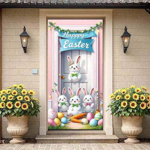 Happy Easter Door Cover Pink Bunny Easter Egg Wreath Design