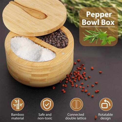 Salt and Pepper Bowls Bamboo Pepper Salt Box with Built-in S