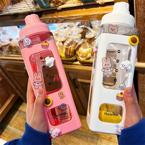 Kawaii Water Bottle With Straw 3D Cute Bear er Bpa Free Plas