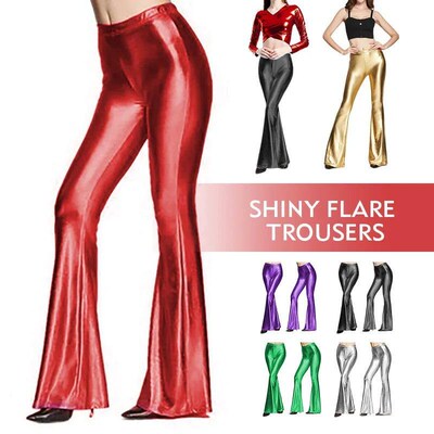Women Shiny Flare Trousers Laser Metallic Wetlook Ruffle Wid