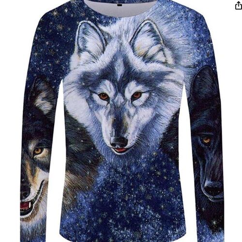 3D Printed Animal Wolf Long Sleeve Tshirt for Men Round Neck