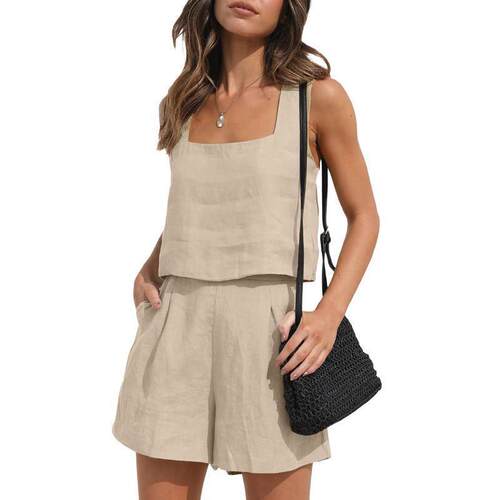 Womens Summer 2PCS Outfit Sets Solid Color Sleeveless Sling