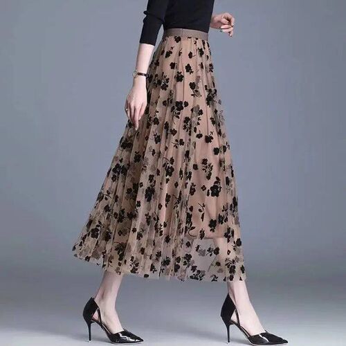 Korean Women Tulle Skirt Fahion Summer Hook Floral Looe Midi