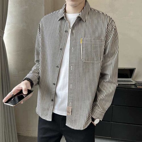 Autumn Cotton Shirt Mens Long-sleeved Striped Top tendy All