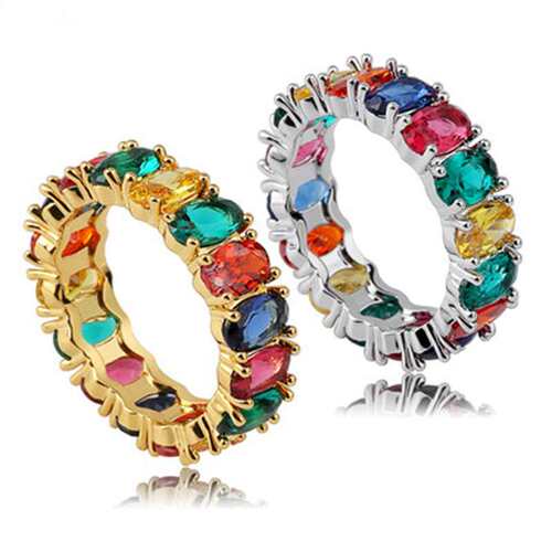 Chen Ruis new hip-hop egg-shaped zircon rainbow color ring