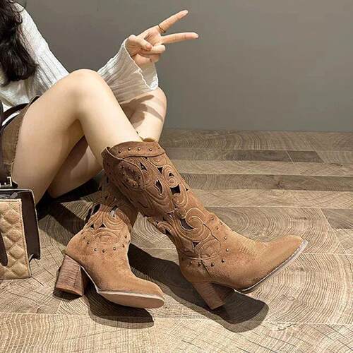 Hollow Embroidered Vintage Western Boots Women 2023 Autumn C