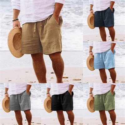 Mens Shorts tton Linen Drawstring Elastic Waist Straight Le