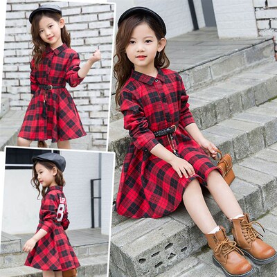 Girl Dress Fashion Plaid Shirt Dress For Girls Single-breast