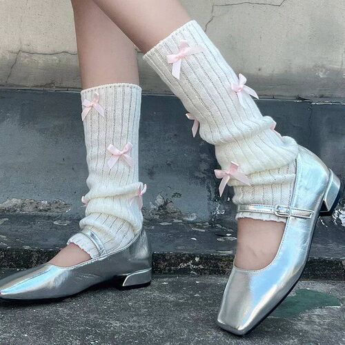 Fashion Sweet Bow Tie Sock Sleeves Winter Warm Hand Knitted