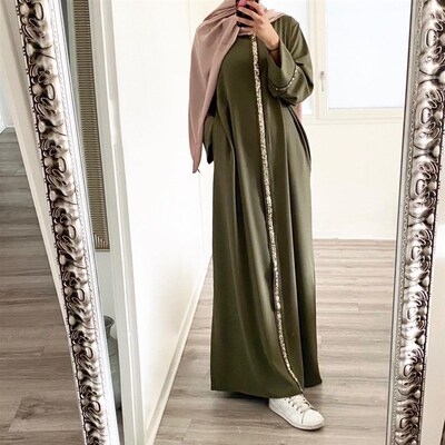 新款拼接镶边亮片连衣裙纯色长袍 Round neck sequined dress