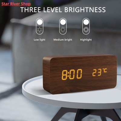 Alarm Clock LED Wooden Watch Table Voice Control Digital Woo