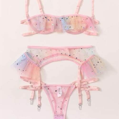 Women's pink mesh starry sky pattern underwear set