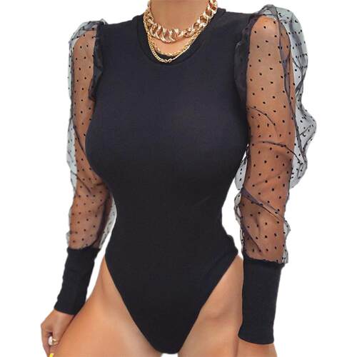 Mesh Puff Sleeve Elegant Bodysuits Tops Women Long sleeve So