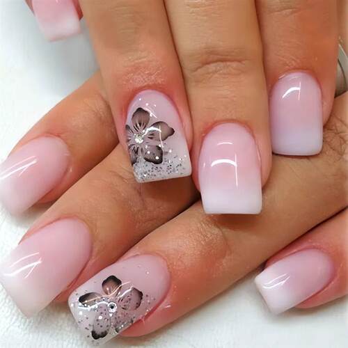 24Pcs Fairy White Flower Fake Nails Pink French Tip Press on