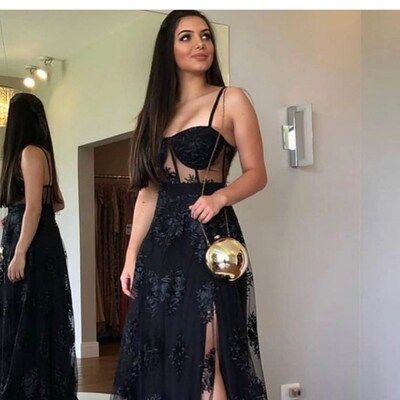 Black Evening Dress A-Line Sweetheart Floor Length Side Slit