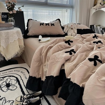 温柔少女赫本风黑色花边配毛巾绣水洗棉夏凉被四件空调被三件