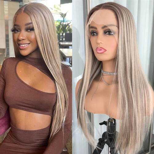 Highlight Blonde Platinum Straight Lace Front Wig Synthetic