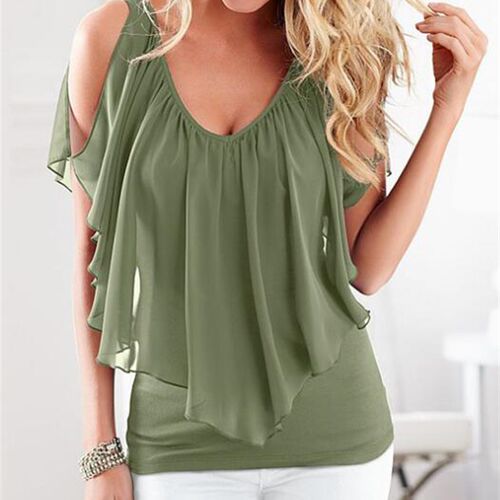 Summer Women Blouse Loose Shirt V Neck Butterfly Sleeve Chif