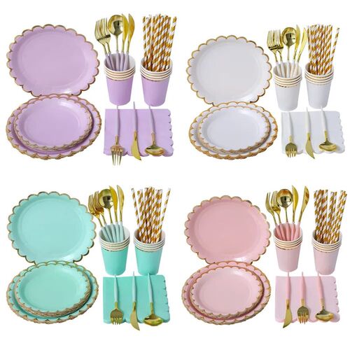 Purple Mint Green Pink Paper Disposable Tableware Set Plate