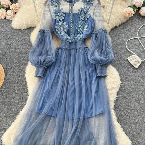 New Fashion Mesh Crochet Patchwork Lace Puff Sleeves Swing B